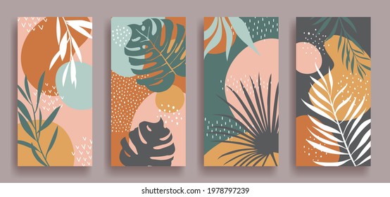 Set of vector vertical banners with abstract ornament and leaves