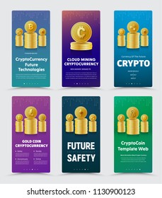Set of vector vertical banners for crypto currency with different gold coins. Template for web design, business and financial technologies.