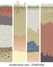 Set vector vertical banners with cut of soil (profile) with a grass, roots,layers of the earth, clay and stones (Vector illustration).