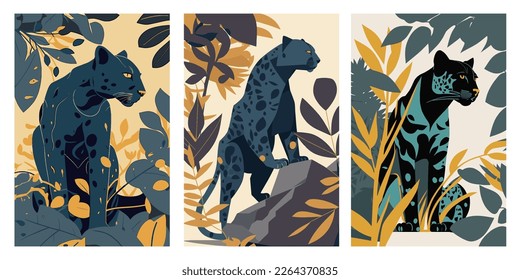 Set of vector vertical banners with silhouettes of wild cats, leopards and leaves flat vector style