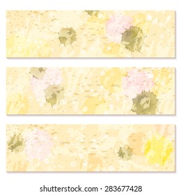 Set of vector vertical business banners with abstract watercolor texture background. Vivid colorful collection, invitation, flyer, corporate identity layout. Grunge design template.