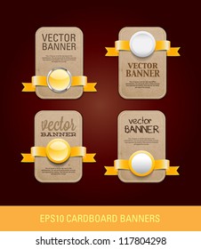 A set of vector vertical cardboard paper promo banners decorated with yellow ribbons and various buttons / seals