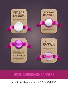 A set of vector vertical cardboard paper promo banners decorated with purple ribbons and various buttons / seals