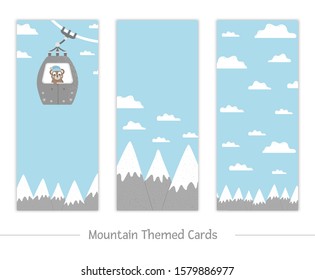Set of vector vertical cards with snow covered mountains, clouds, funicular cable car with cute bear inside. Winter activities flyer. Funny cold season illustration for kids