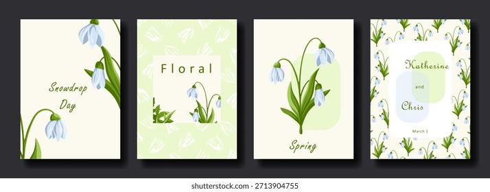 Conjunto de tarjeta de felicitación de Vertical de Vector con gotas de nieve de dibujo o primeras flores de primavera. Ilustración floral y de primavera de dibujos animados. Plantilla para portada, póster, invitación de diseño delicado.