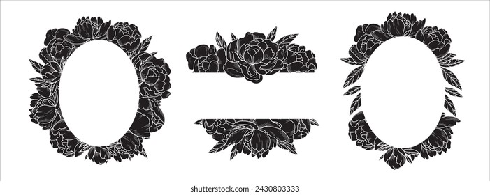 Set of vector vertical and horizontal frames with exquisite peony flowers. Graphic silhouette on a white background. Suitable for invitations, wedding decorations, cards