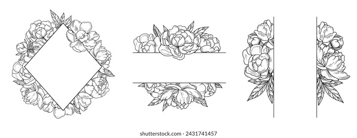 Set of vector vertical and horizontal frames with exquisite peony flowers. Graphic linear drawing on a white background. Suitable for invitations, wedding decorations, cards