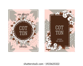 Set of vector vertical illustrations with cotton twigs and leaves. Banners for advertising textiles and packaging of products from natural fabrics. Premium quality textile labels