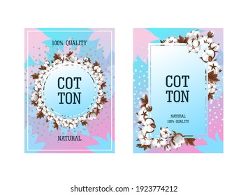 Set of vector vertical illustrations with cotton twigs and leaves. Banners for advertising textiles and packaging of products from natural fabrics. Premium quality textile labels