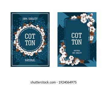 Set of vector vertical illustrations with cotton twigs and leaves. Banners for advertising textiles and packaging of products from natural fabrics. Premium quality textile labels