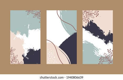 Set of vector vertical isolated backgrounds for social media stories, banner in pastel colors with copy space for text. Floral element on a dark red color. brush element in three colors combination. 