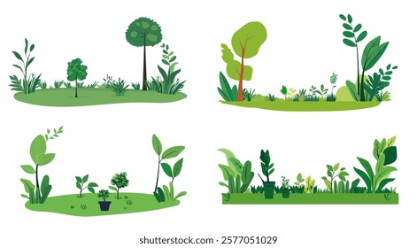 Set of Vector vibrant spring landscape with grass, flowers, trees, and lush foliage in a nature-inspired design, on white background