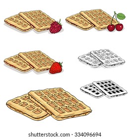 Set of Vector Viennese Waffles.  Cartoon, Line Art, Sketch Belgian Waffles.