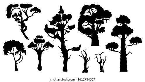 Set of Vector View Tree Silhouettes. Vector hand drawn illustration on a white background. Perfect for invitations, greeting cards, print, flyers, posters.
