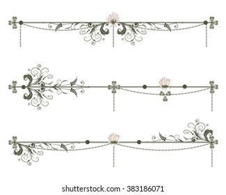 set of vector vignette with clover and chain in soft green and pink colors