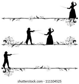 set of vector vignettes with fencing people