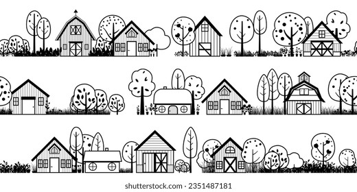 set of vector village detailed silhouettes. neighborhood houses, barn and trees black. suburb street community. seamless border