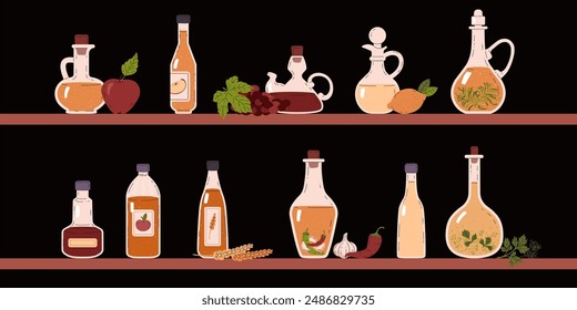 Un conjunto de botellas de vinagre de Vector en los estantes con Imágenes de manzanas, uvas, limón. Cada icono necesario para hacer deliciosos aderezos destaca sobre un fondo negro.