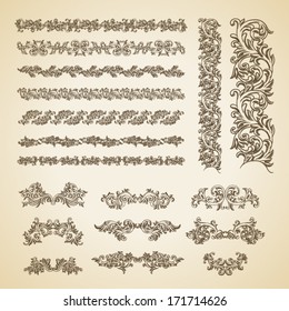 Set of vector vintage baroque engraving floral scroll filigree design