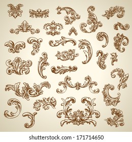Set Of Vector Vintage Baroque Engraving Floral Scroll Filigree Design