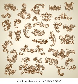 Set of vector vintage baroque engraving floral scroll filigree design