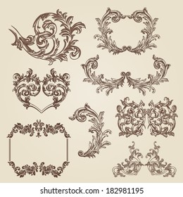 Set of vector vintage baroque engraving floral scroll filigree design