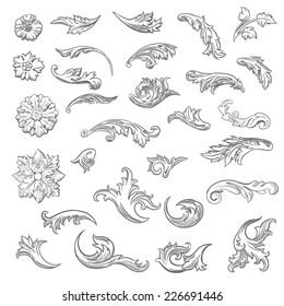 Set of vector vintage baroque engraving floral scroll filigree design 