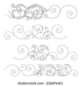 Set of vector vintage baroque engraving floral scroll filigree design 