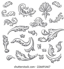 Set of vector vintage baroque engraving floral scroll filigree design 
