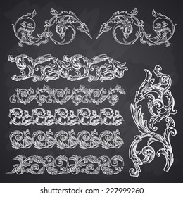 Set of vector vintage baroque engraving floral scroll filigree design