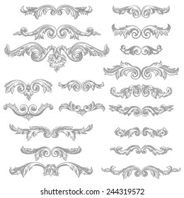 Set of vector vintage baroque engraving floral scroll filigree design