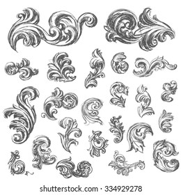 Set of vector vintage baroque engraving floral scroll filigree design. Hand drawn illustration