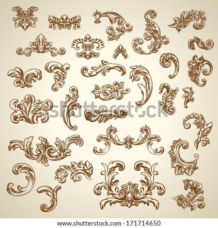Set of vector vintage baroque engraving floral scroll filigree design