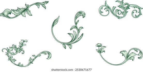 Conjunto Vector de Antiguas Barroco Victoriano borde, marco, esquinas ornamentales. Dibujado a mano floral hoja scroll filigrana grabado retro patrón de flores diseño decorativo aislado