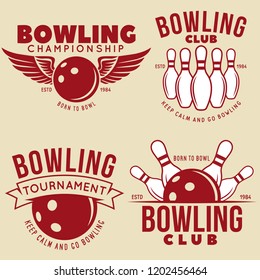 Set of vector vintage bowling logo, icons and symbols. Bowling ball and bowling pins illustration. Trendy design elements. Vector illustration.