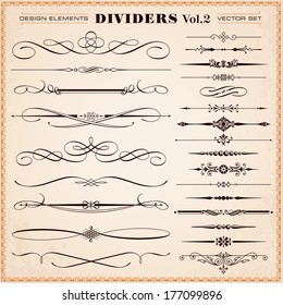 Set of vector vintage calligraphic design elements and page decoration, dividers and dashes