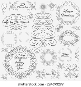Set of vector vintage calligraphic design elements and page decoration. Hand-drawn xmas calligraphic and typographic elements. Merry Christmas and Happy New Year. Vector illustration.