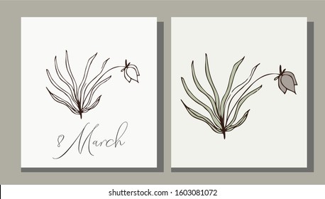 Set of vector vintage cards with tulips, ready for print. For cards, invitations, leaflets, confessions, for the celebration of International Women's Day, the logo on eco bags.