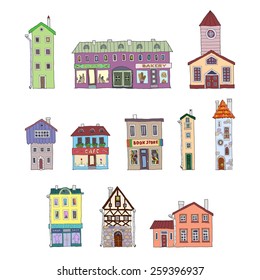 Conjunto de fachadas vectoriales de dibujos animados.