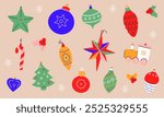 Set of vector Vintage christmas balls. Xmas ornaments isolated. December decoration designs in old retro style. Winter holiday adornment, tree decor, toys, ball,holly berry. Vector illustration EPS 10