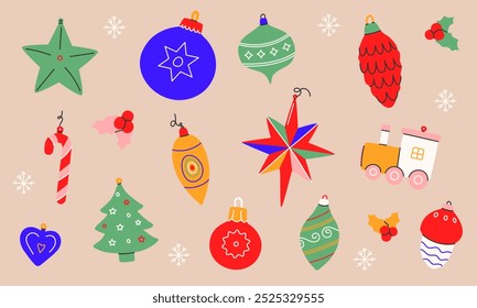 Conjunto de bolas de Navidad de Vector Antiguas. Adornos de Navidad aislados. Diseños de decoración de diciembre en estilo retro antiguo. Adorno de vacaciones de invierno, decoración de árboles, juguetes, bola, baya de acebo. Ilustración vectorial EPS 10