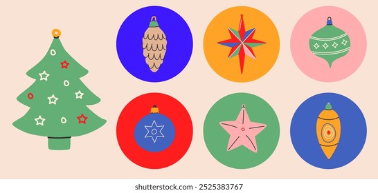 Set of vector Vintage christmas balls and Christmas tree.Xmas ornaments isolated.December decoration designs in old retro style.Winter holiday adornment,tree decor,toys,ball.Vector illustration EPS 10