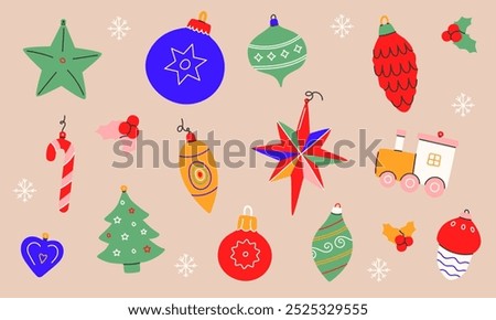 Set of vector Vintage christmas balls. Xmas ornaments isolated. December decoration designs in old retro style. Winter holiday adornment, tree decor, toys, ball,holly berry. Vector illustration EPS 10