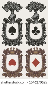 Set of vector vintage coats of arms with shields, card suits, helmets and crowns. Ornate heraldry, emblem, sign, symbol on theme of gambling and card games, suitable for casino, shirt design, tattoo.