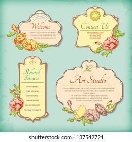 Set of vector vintage decorative antique labels with flowers. Border retro floral design in art Deco style. Collection of romantic decorative frames with hand drawn flowers