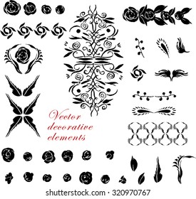Set of vector vintage decorative and floral elements for brushes, frames with hand drawn ornamental strokes