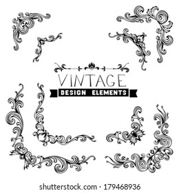 Set of vector vintage design elements. Vintage corners with retro floral ornament in antique baroque style. 