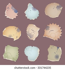 Set vector vintage dirty paper pieces with splats, fingerprints and cup circles