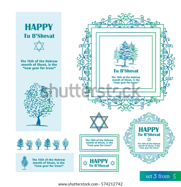 Set of vector vintage element for design. Jewish theme\
Tu bshevat, tu bi shvat, means New Year of the trees. Hand draw\
sketch vignette, divider, bookmarks, signs. Calligraphic green blue\
style 