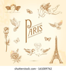 Conjunto de elementos vectoriales para el diseño. París, amor, romance. Mariposas, cúpidos, rosas, pájaros, Torre Eiffel.